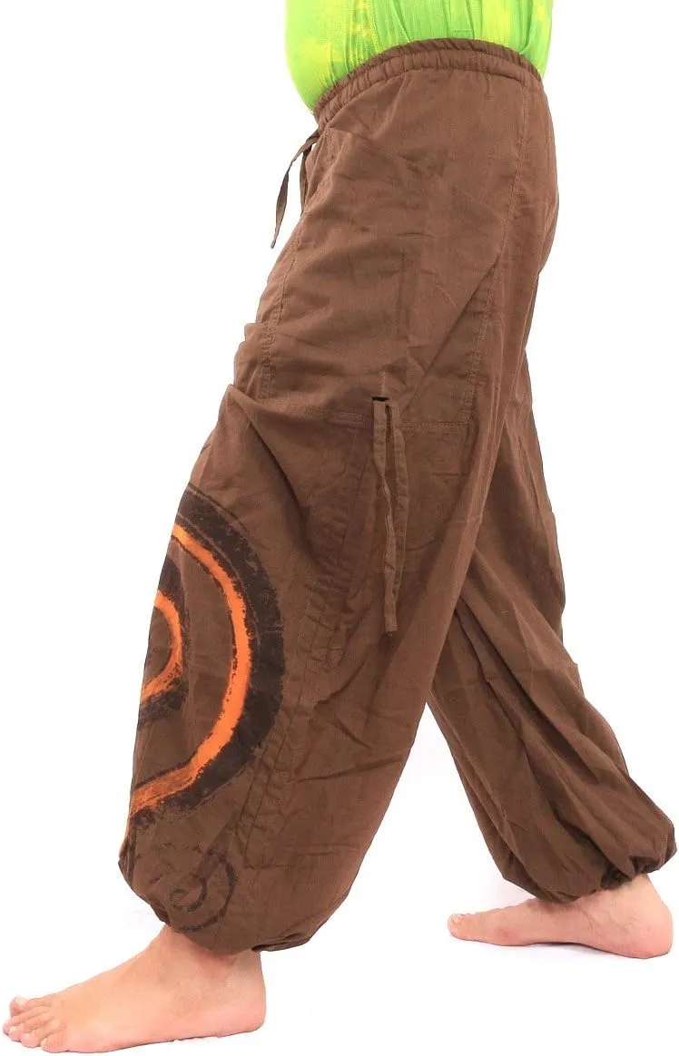 Harem Pants for Men & Women, Cotton Baggy Trousers, Adjustable Length, Drawstring Waist, 2 Pockets, One Size