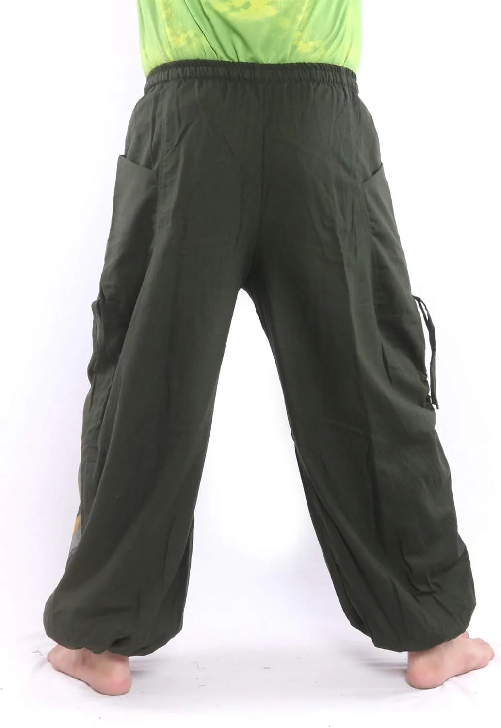 Harem Pants for Men & Women, Cotton Baggy Trousers, Adjustable Length, Drawstring Waist, 2 Pockets, One Size