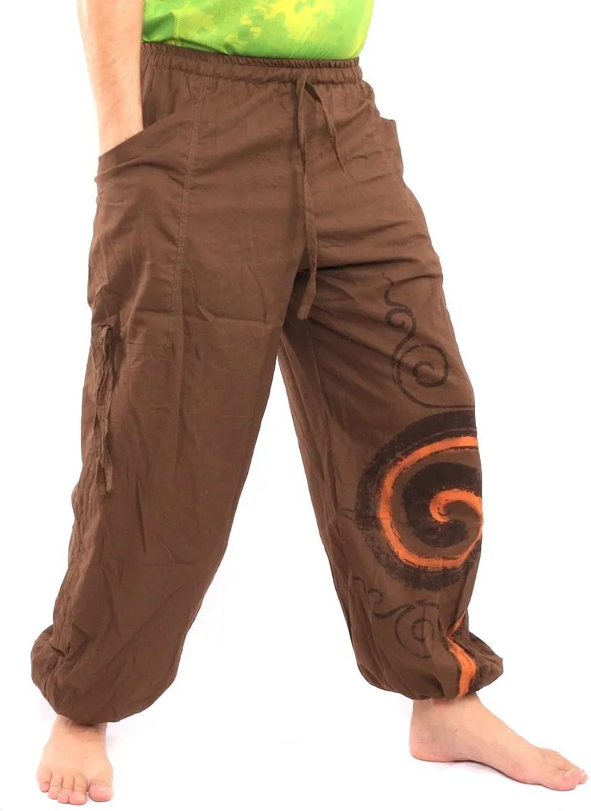 Harem Pants for Men & Women, Cotton Baggy Trousers, Adjustable Length, Drawstring Waist, 2 Pockets, One Size