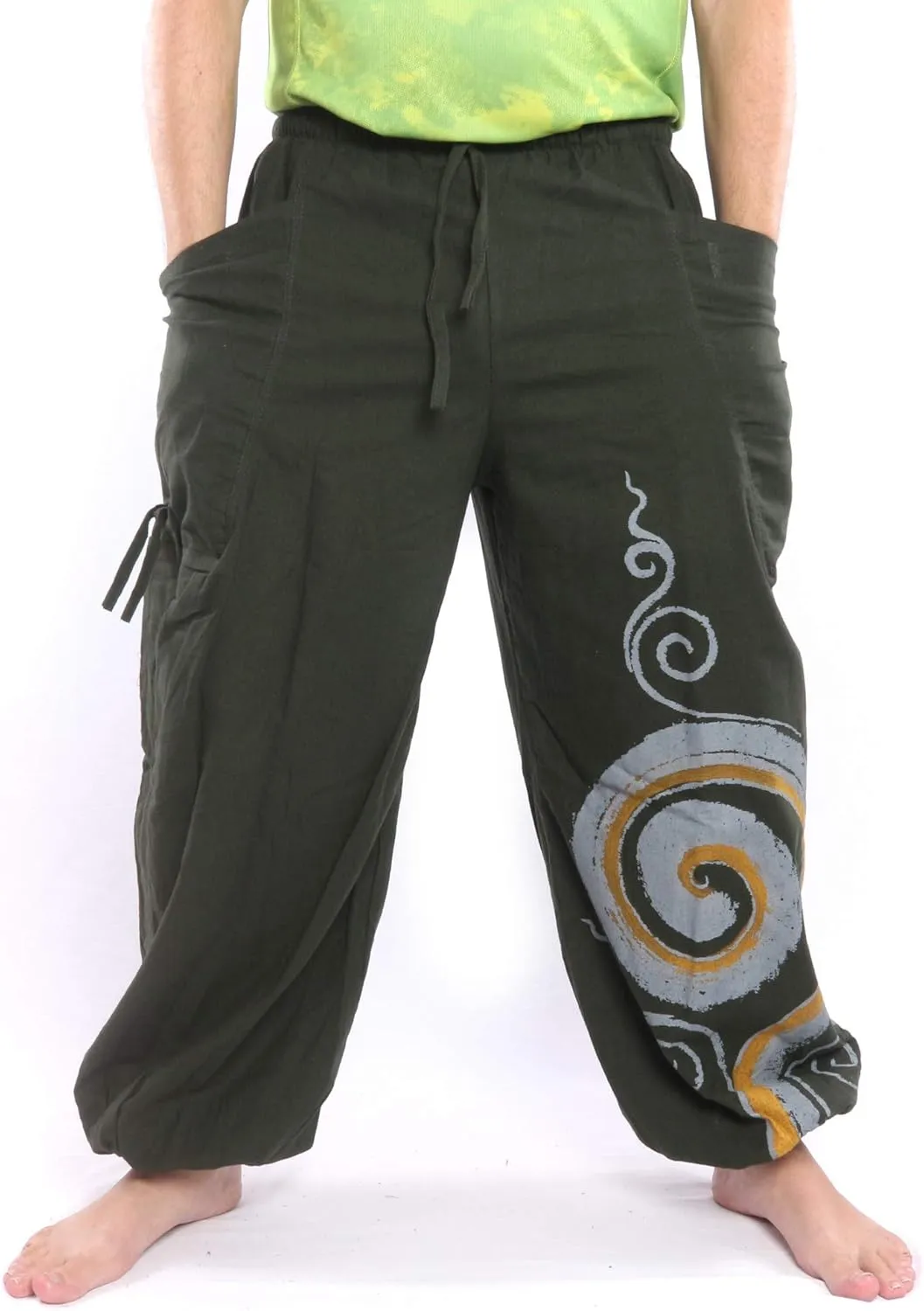 Harem Pants for Men & Women, Cotton Baggy Trousers, Adjustable Length, Drawstring Waist, 2 Pockets, One Size