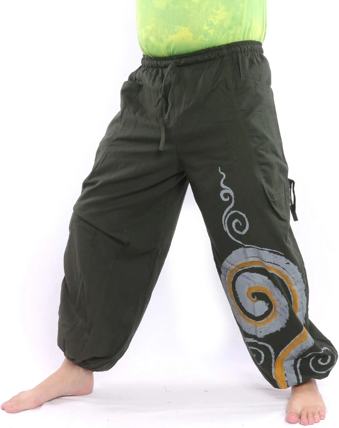 Harem Pants for Men & Women, Cotton Baggy Trousers, Adjustable Length, Drawstring Waist, 2 Pockets, One Size