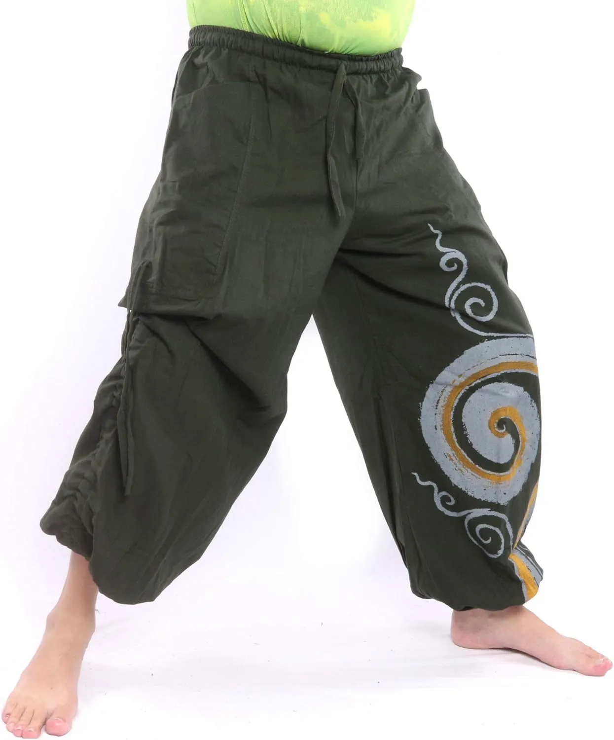 Harem Pants for Men & Women, Cotton Baggy Trousers, Adjustable Length, Drawstring Waist, 2 Pockets, One Size