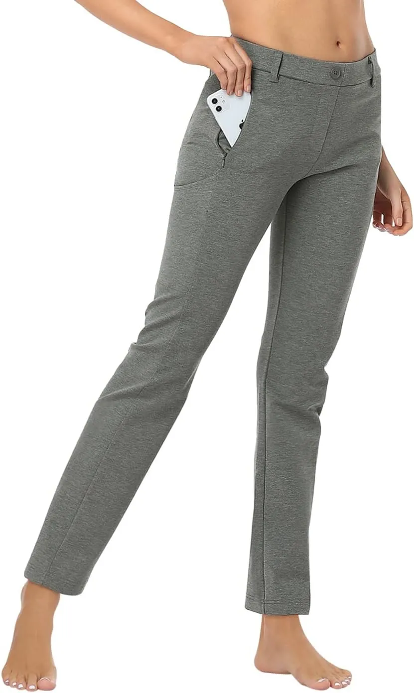HDE Yoga Dress Pants for Women Straight Leg Pull On Pants with 8 Pockets