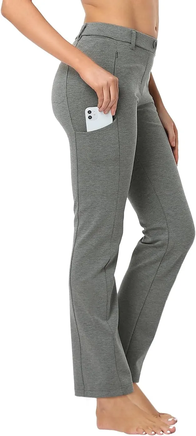 HDE Yoga Dress Pants for Women Straight Leg Pull On Pants with 8 Pockets