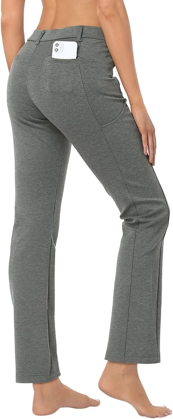 HDE Yoga Dress Pants for Women Straight Leg Pull On Pants with 8 Pockets