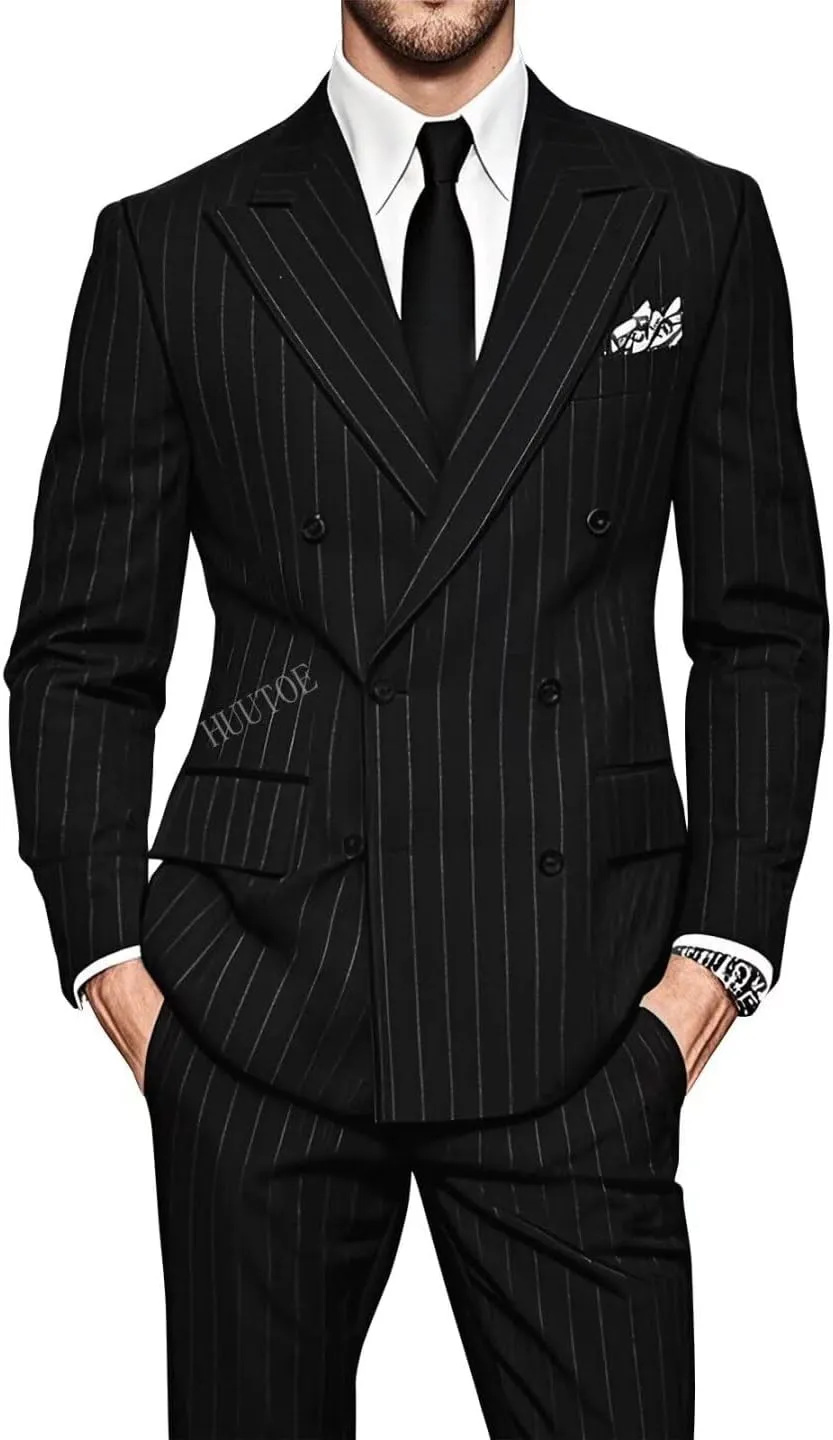 HUUTOE Men Pinstripe Suit 2 Piece Gomez Addams Costume Halloween Christmas Prom Wedding Party Pinstripe Blazer and Pants