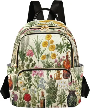 Joko Ivery Flowers Herbs Vintage Mini Backpack for Women Small Backpack Purse for Girls Quilted Daypack for Work Travel Daily Fashion Laptop Back Pack Shoulder Purses Bags for Teens College Bookbag