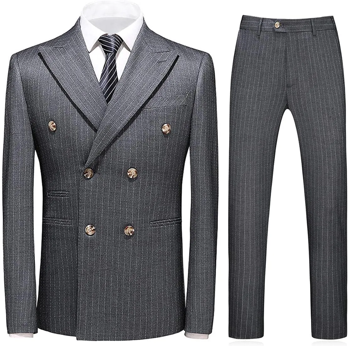 KUDORO Mens Suits 3 Piece Slim Fit Suit Double Breasted Pinstripe Suit Formal Wedding Tuxedo Suit