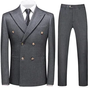 KUDORO Mens Suits 3 Piece Slim Fit Suit Double Breasted Pinstripe Suit Formal Wedding Tuxedo Suit