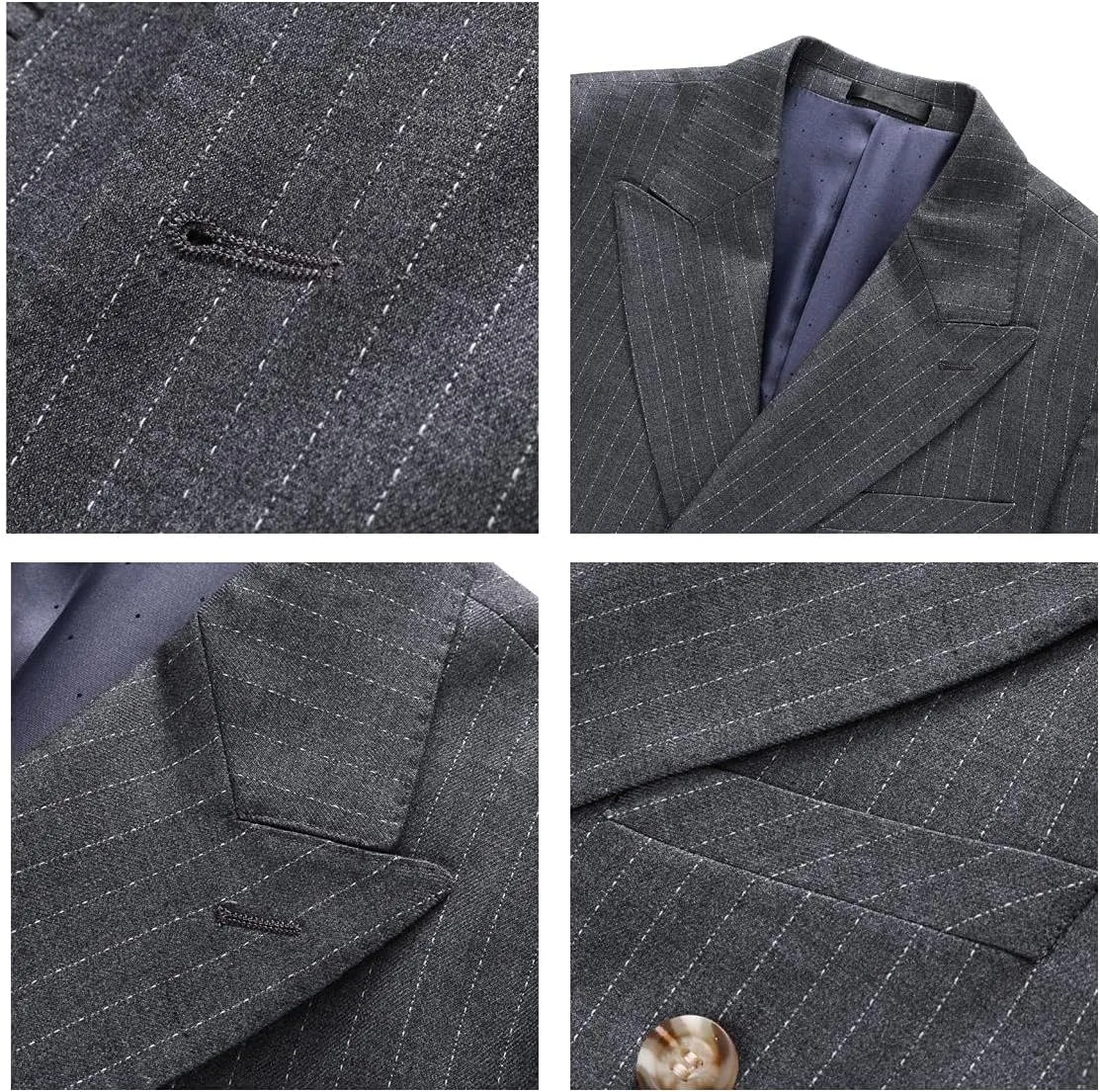 KUDORO Mens Suits 3 Piece Slim Fit Suit Double Breasted Pinstripe Suit Formal Wedding Tuxedo Suit