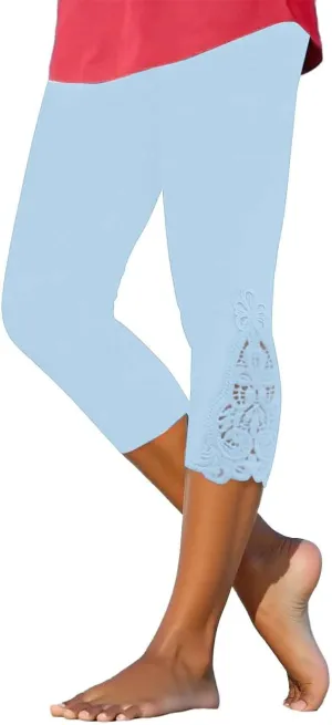 Lace Leggings for Women 2024 Trendy Plus Size High Waist Capri Cropped Leggings Slim Fitting Stretch Tights Summer Yoga Pants