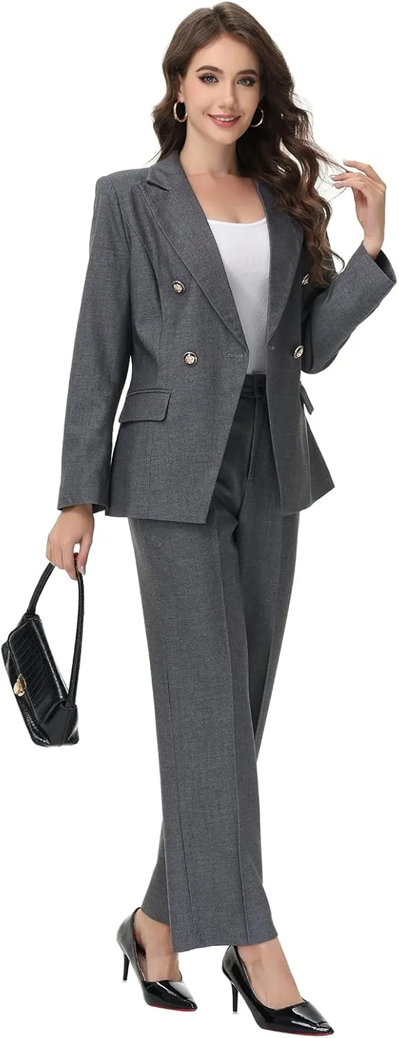 Lamgool Women's Suits 2 Piece Set Business Double Breasted Pinstripe Pant Suit Slim Fit Dressy Casual Outfits
