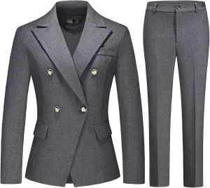 Lamgool Women's Suits 2 Piece Set Business Double Breasted Pinstripe Pant Suit Slim Fit Dressy Casual Outfits