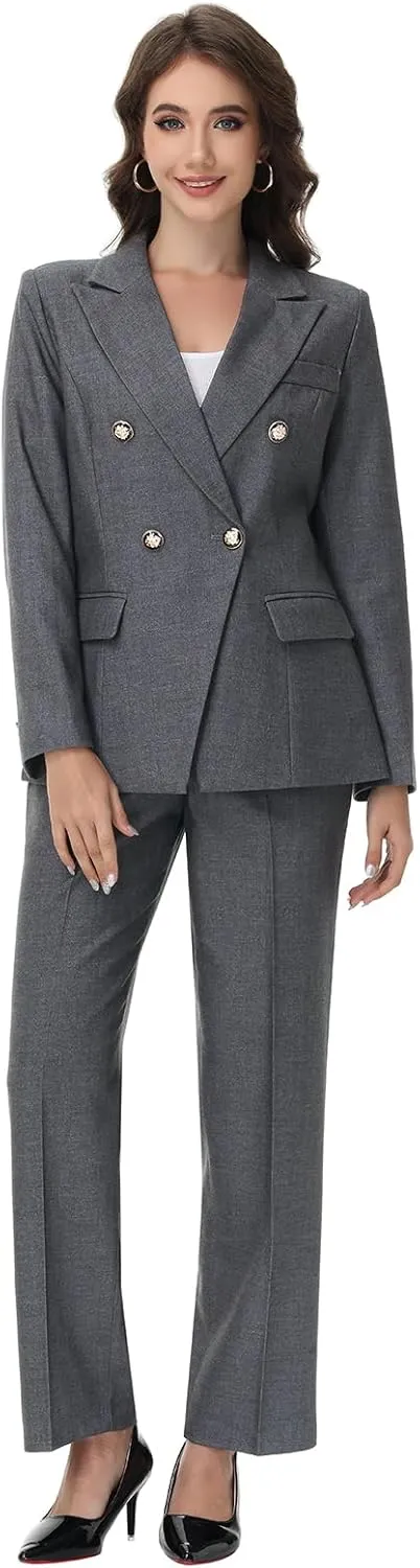 Lamgool Women's Suits 2 Piece Set Business Double Breasted Pinstripe Pant Suit Slim Fit Dressy Casual Outfits