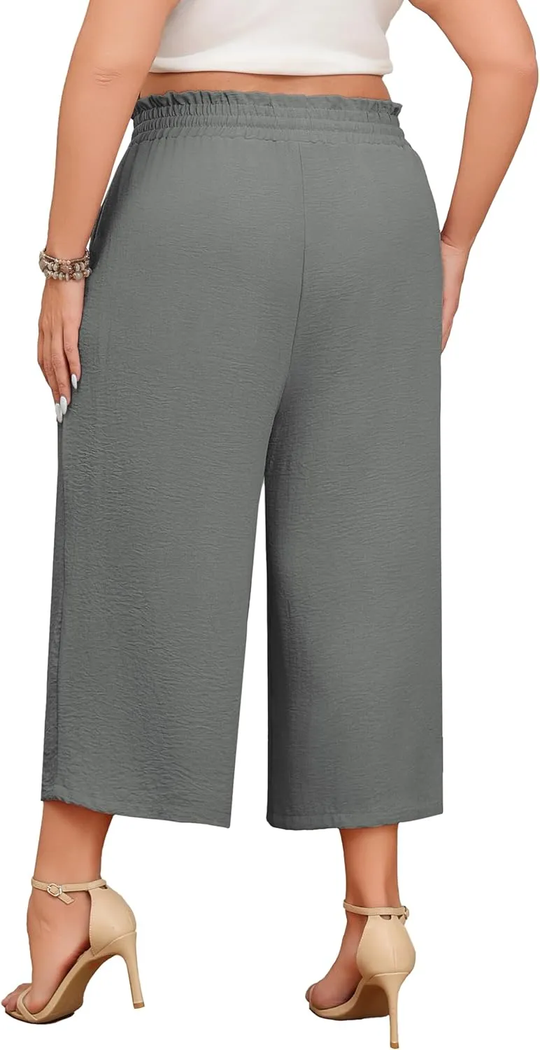 Lastshe Women's Plus Size Wide Leg Capri Pants Loose High Waist Lounge Pants Drawstring Casual Palazzo Trousers with Pockets
