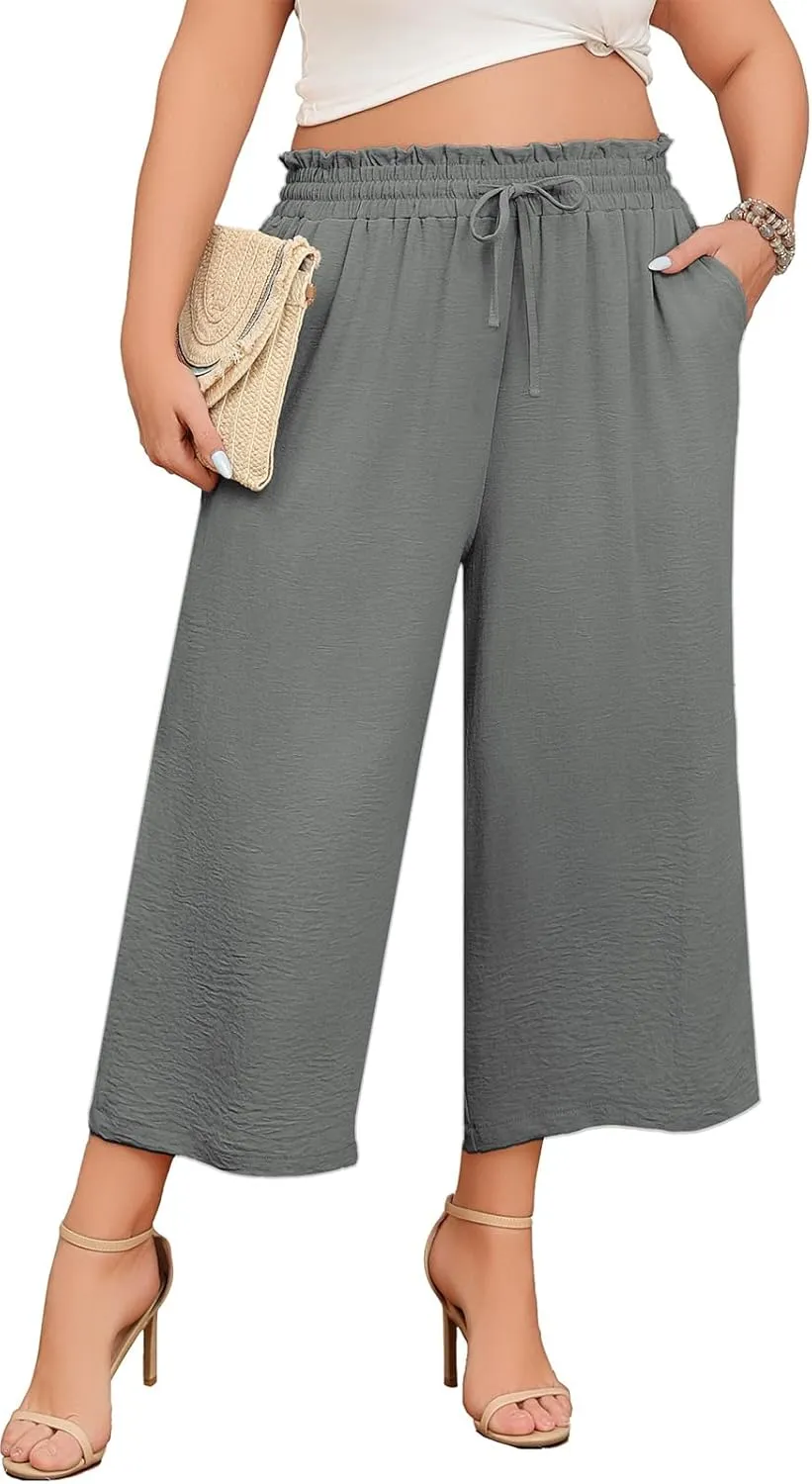 Lastshe Women's Plus Size Wide Leg Capri Pants Loose High Waist Lounge Pants Drawstring Casual Palazzo Trousers with Pockets