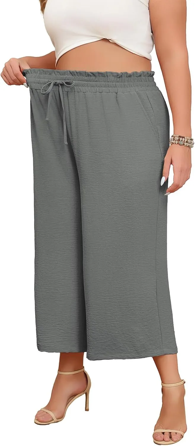 Lastshe Women's Plus Size Wide Leg Capri Pants Loose High Waist Lounge Pants Drawstring Casual Palazzo Trousers with Pockets