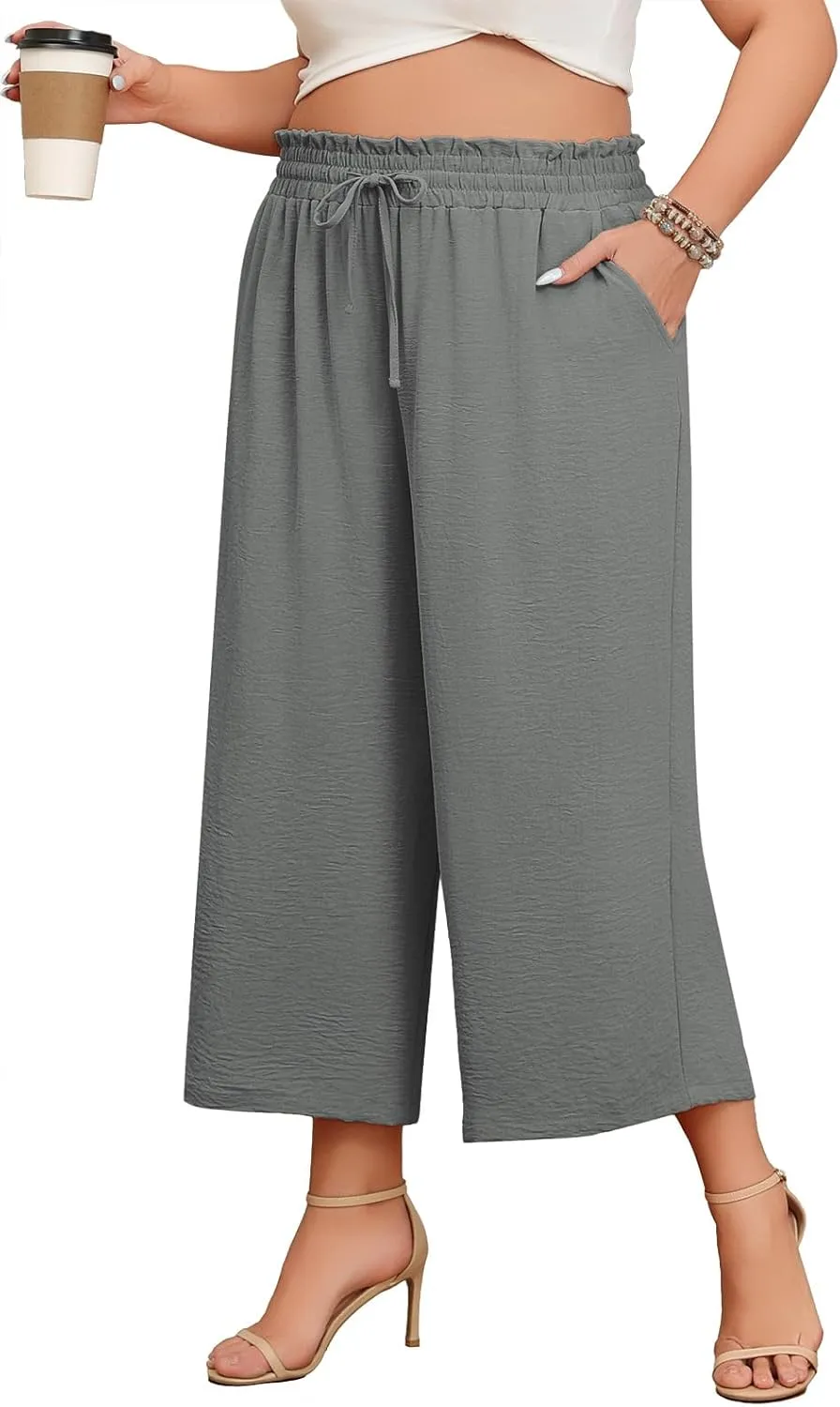 Lastshe Women's Plus Size Wide Leg Capri Pants Loose High Waist Lounge Pants Drawstring Casual Palazzo Trousers with Pockets