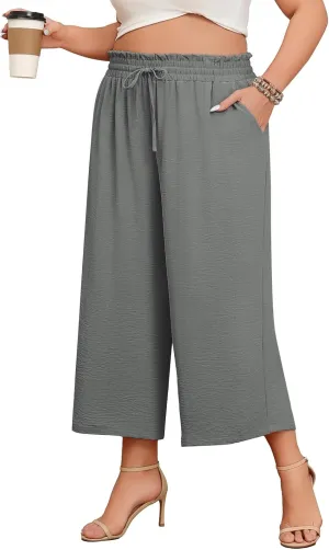 Lastshe Women's Plus Size Wide Leg Capri Pants Loose High Waist Lounge Pants Drawstring Casual Palazzo Trousers with Pockets