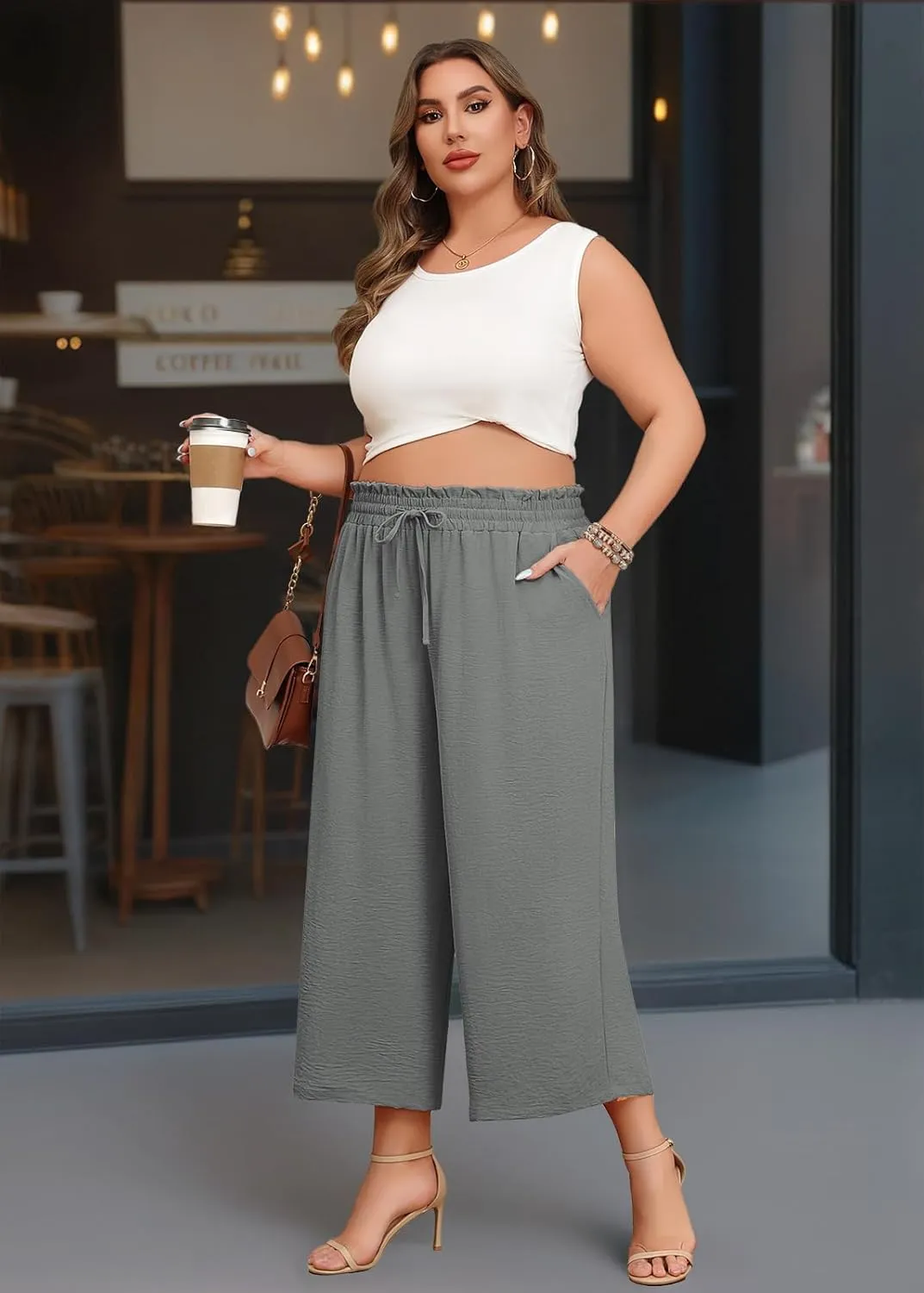 Lastshe Women's Plus Size Wide Leg Capri Pants Loose High Waist Lounge Pants Drawstring Casual Palazzo Trousers with Pockets