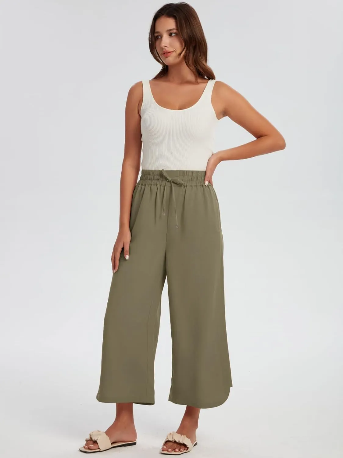 Les umes Womens Linen Wide Leg Cropped Pants High Elastic Waist with Drawstring Casual Summer Ankle Trousers