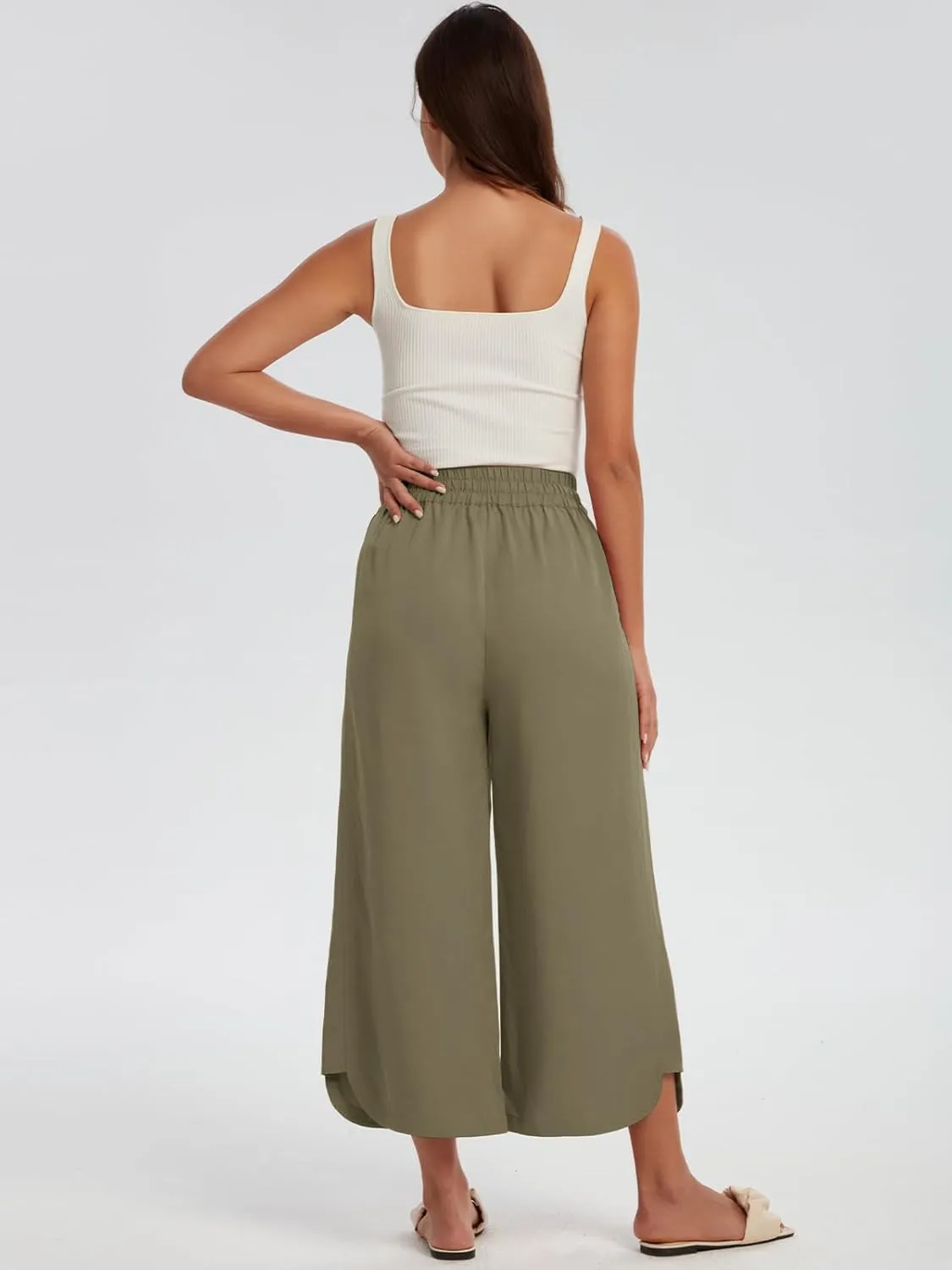 Les umes Womens Linen Wide Leg Cropped Pants High Elastic Waist with Drawstring Casual Summer Ankle Trousers