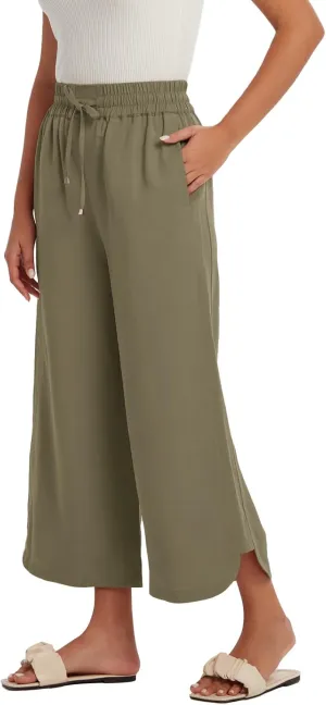 Les umes Womens Linen Wide Leg Cropped Pants High Elastic Waist with Drawstring Casual Summer Ankle Trousers
