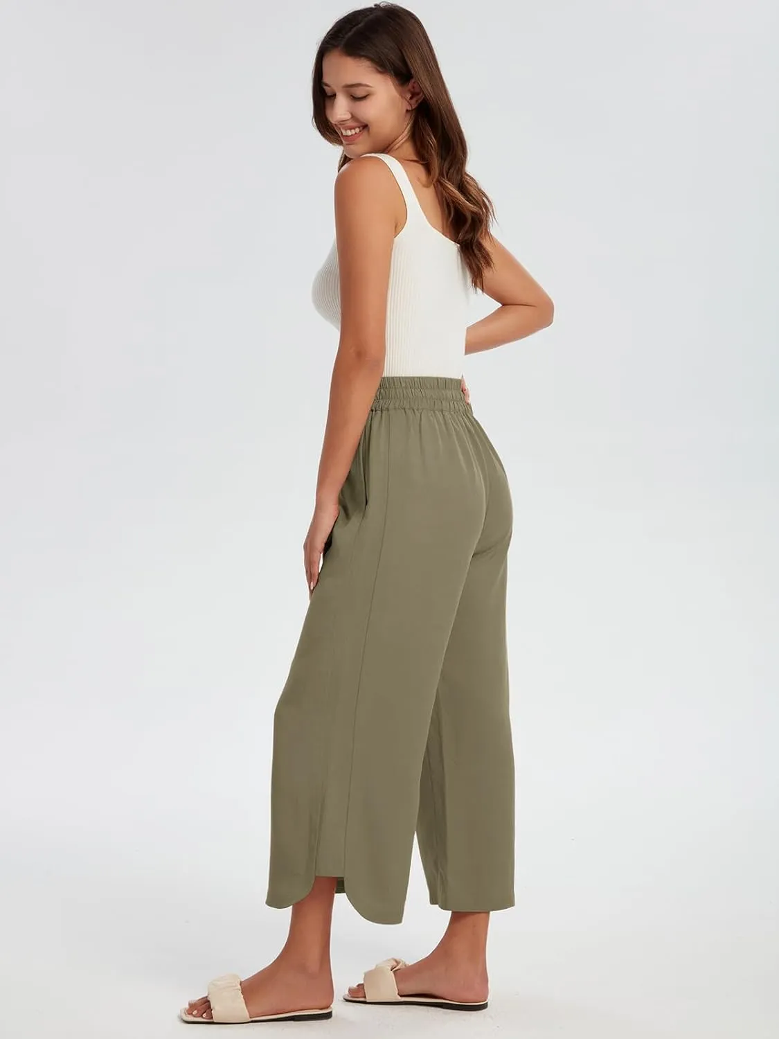 Les umes Womens Linen Wide Leg Cropped Pants High Elastic Waist with Drawstring Casual Summer Ankle Trousers