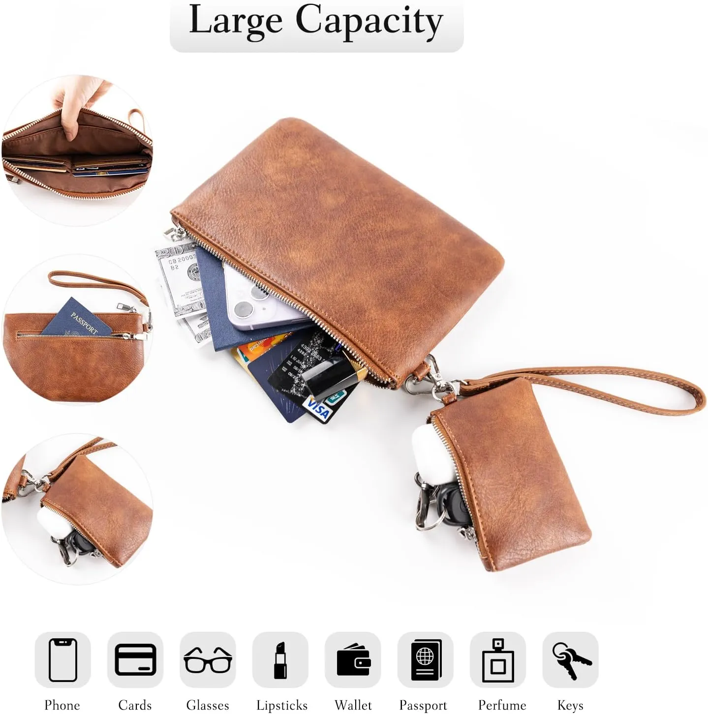 letech  Wristlet Wallet for Women Dual Pouch Wristlet Portable wallet Coin Purse Wristlet Clutch Wallet Purse Credit Card Holder Gifts for Women Ladies Female brown