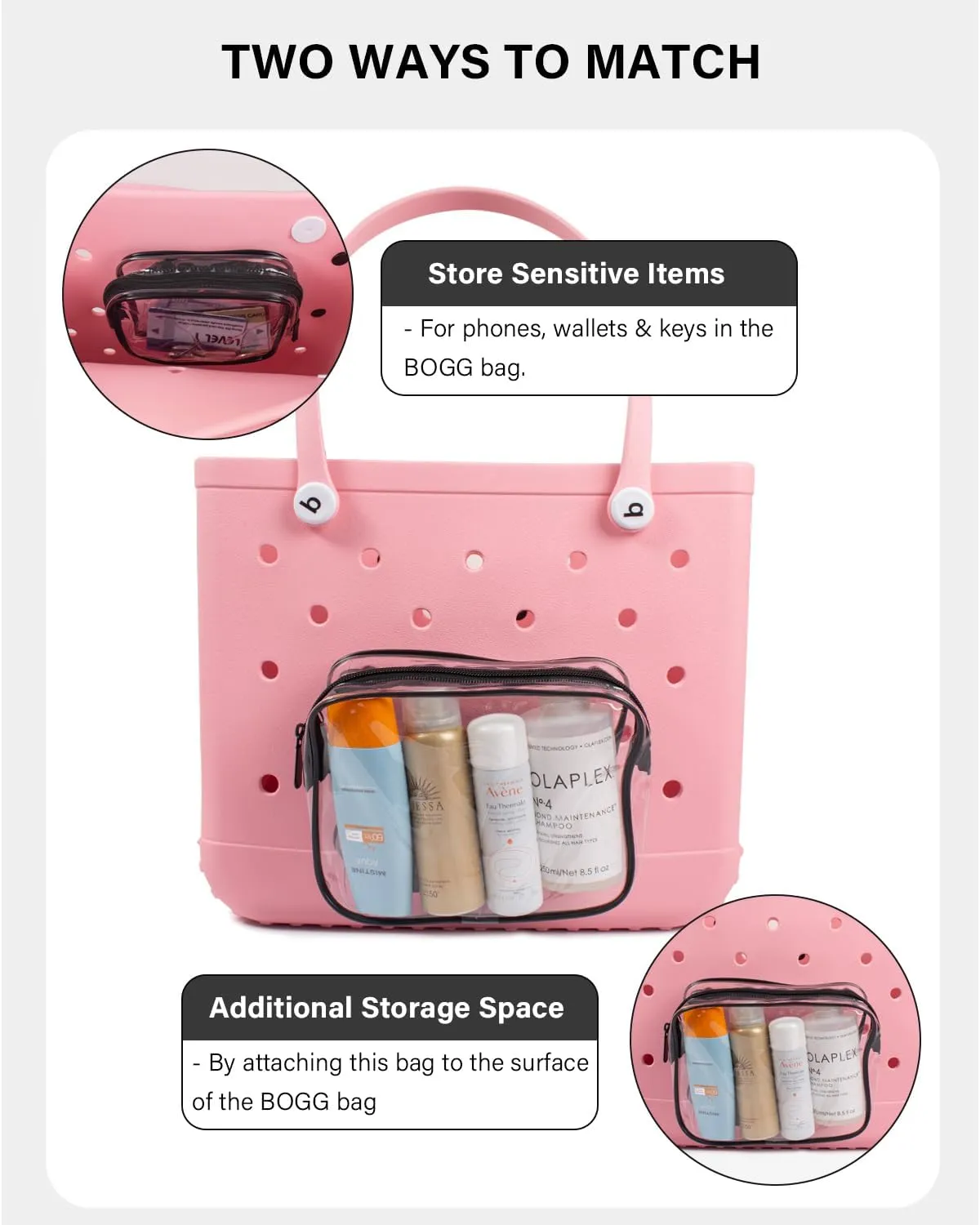 LETGO 4 Packs Clear Bogg Beach Tote Bag with 4 Insert Hooks Accessories for Bogg Bags Travel Makeup Clean Toiletry Brush Organizer Cosmetic Divider Storage Inner Pouchs (Clear Black)