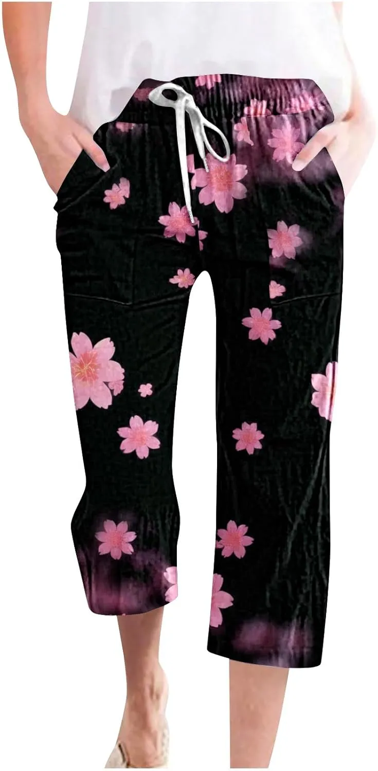 Linen Pants Women Capri Summer High Waisted 3/4 Length Petite Ethnic Print Boho Wide Leg Cotton Linen Cropped Pants