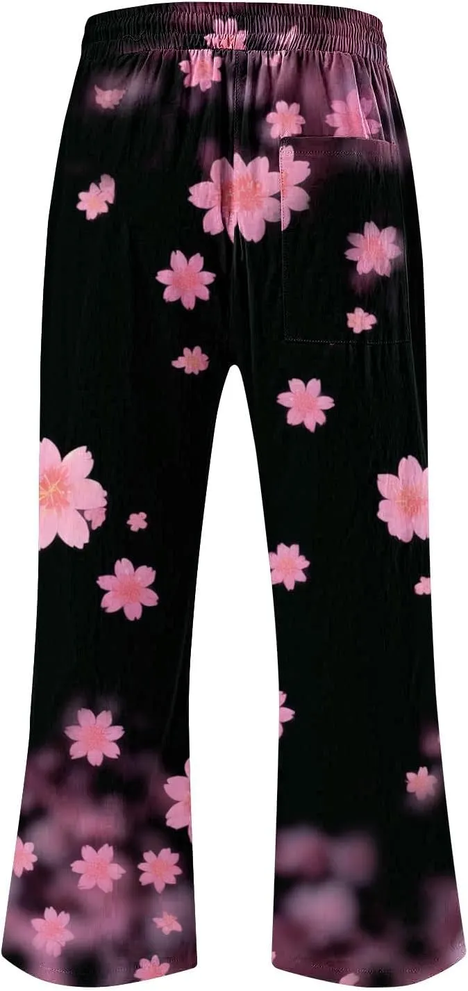 Linen Pants Women Capri Summer High Waisted 3/4 Length Petite Ethnic Print Boho Wide Leg Cotton Linen Cropped Pants