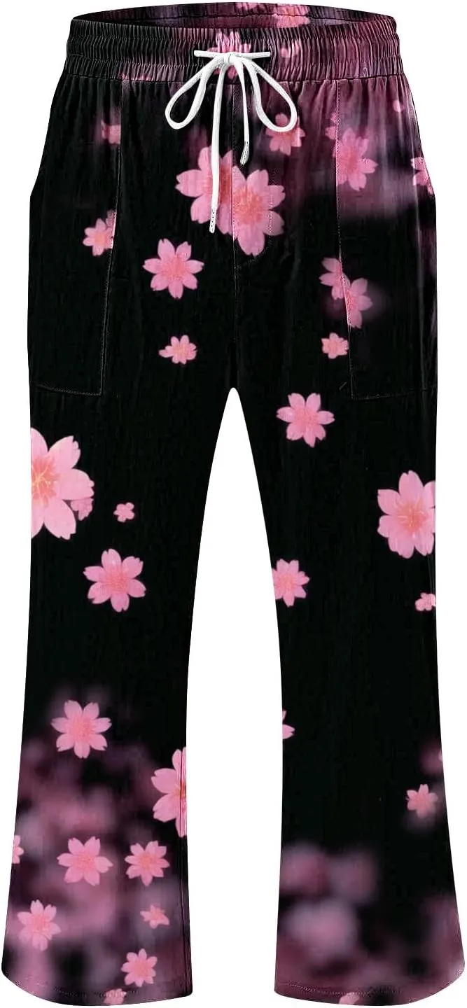 Linen Pants Women Capri Summer High Waisted 3/4 Length Petite Ethnic Print Boho Wide Leg Cotton Linen Cropped Pants