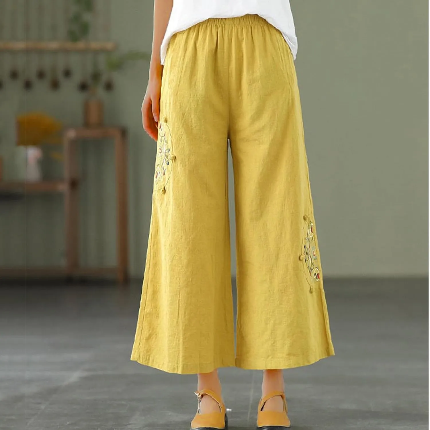 Linen Pants Women Dressy Embroiderd Wide Leg Cropped Trousers Summer High Waist Casual Palazzo Lounge Beach Wear