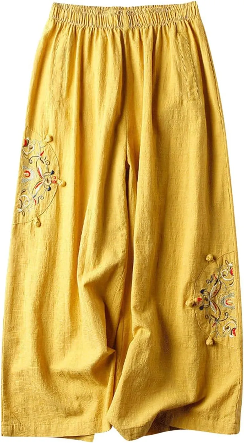 Linen Pants Women Dressy Embroiderd Wide Leg Cropped Trousers Summer High Waist Casual Palazzo Lounge Beach Wear
