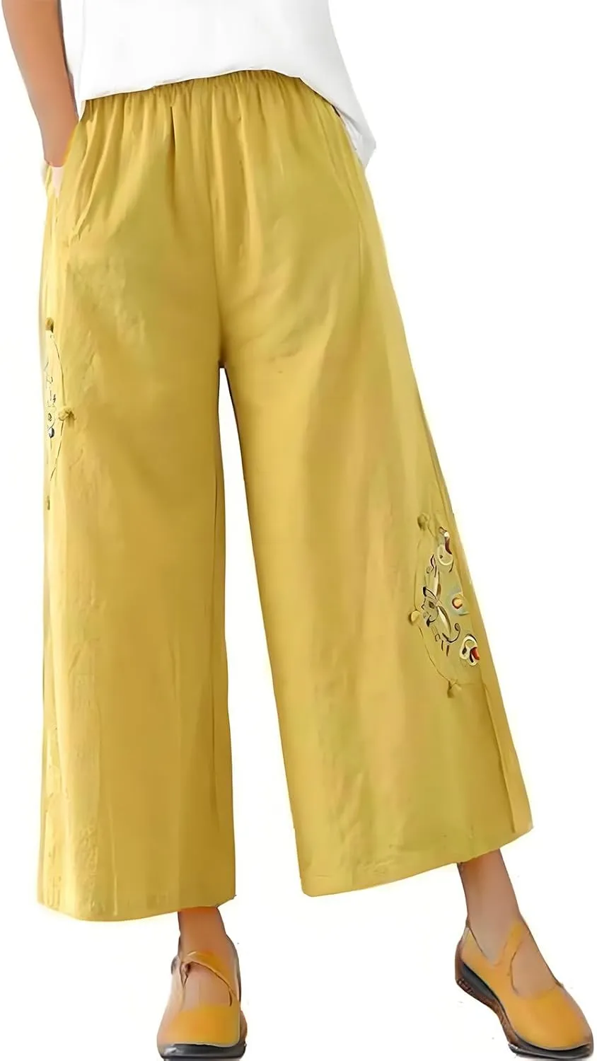 Linen Pants Women Dressy Embroiderd Wide Leg Cropped Trousers Summer High Waist Casual Palazzo Lounge Beach Wear