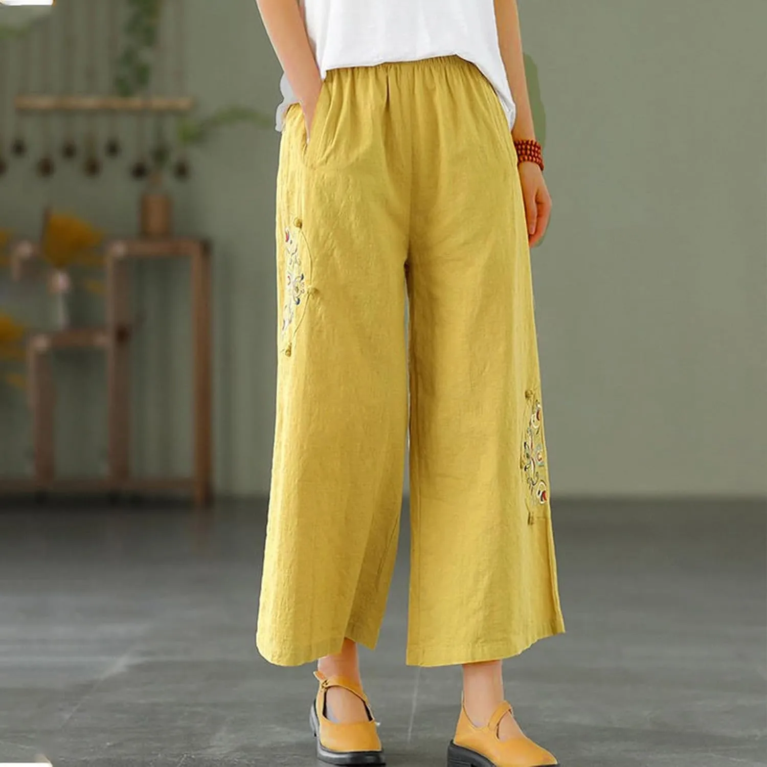 Linen Pants Women Dressy Embroiderd Wide Leg Cropped Trousers Summer High Waist Casual Palazzo Lounge Beach Wear