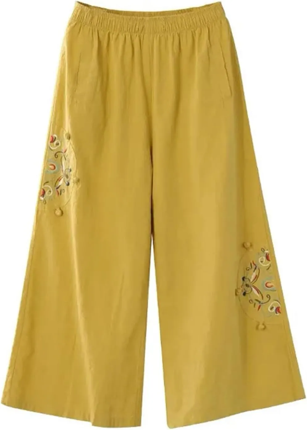 Linen Pants Women Dressy Embroiderd Wide Leg Cropped Trousers Summer High Waist Casual Palazzo Lounge Beach Wear