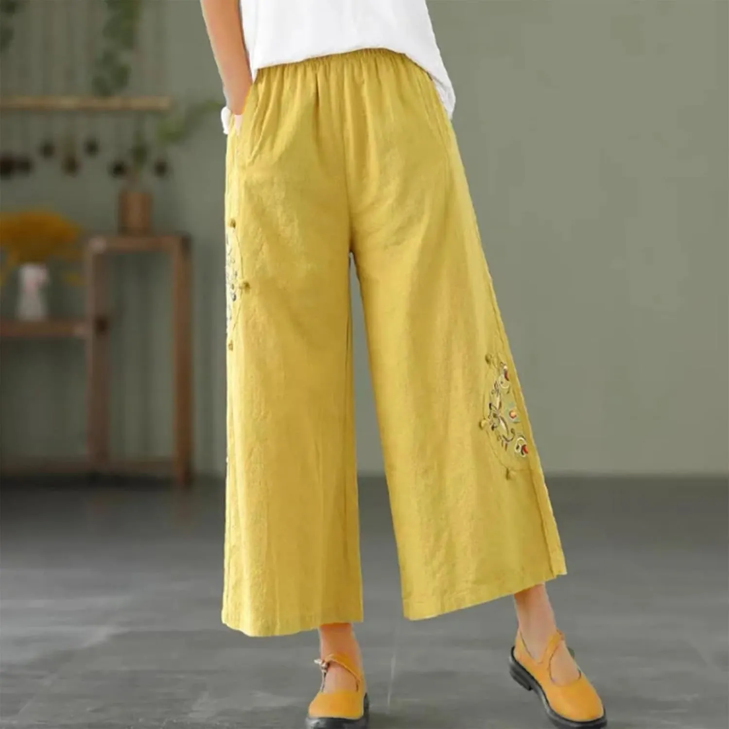 Linen Pants Women Dressy Embroiderd Wide Leg Cropped Trousers Summer High Waist Casual Palazzo Lounge Beach Wear