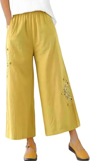 Linen Pants Women Dressy Embroiderd Wide Leg Cropped Trousers Summer High Waist Casual Palazzo Lounge Beach Wear
