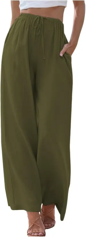 Linen Pants Women Summer Drawstring Elastic Waist Palazzo Trousers Loose Flowy Wide Leg Beach Pants with Pockets