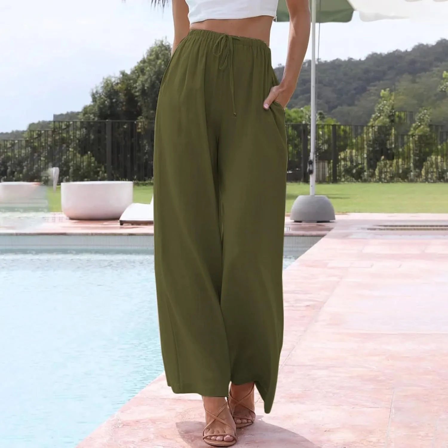 Linen Pants Women Summer Drawstring Elastic Waist Palazzo Trousers Loose Flowy Wide Leg Beach Pants with Pockets