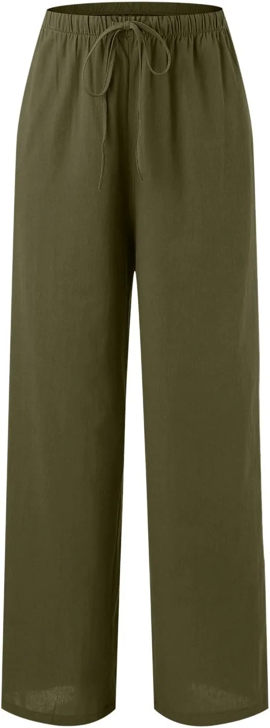Linen Pants Women Summer Drawstring Elastic Waist Palazzo Trousers Loose Flowy Wide Leg Beach Pants with Pockets