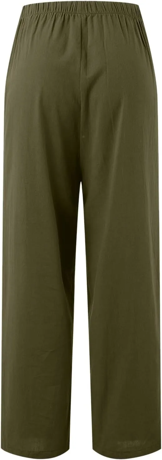 Linen Pants Women Summer Drawstring Elastic Waist Palazzo Trousers Loose Flowy Wide Leg Beach Pants with Pockets