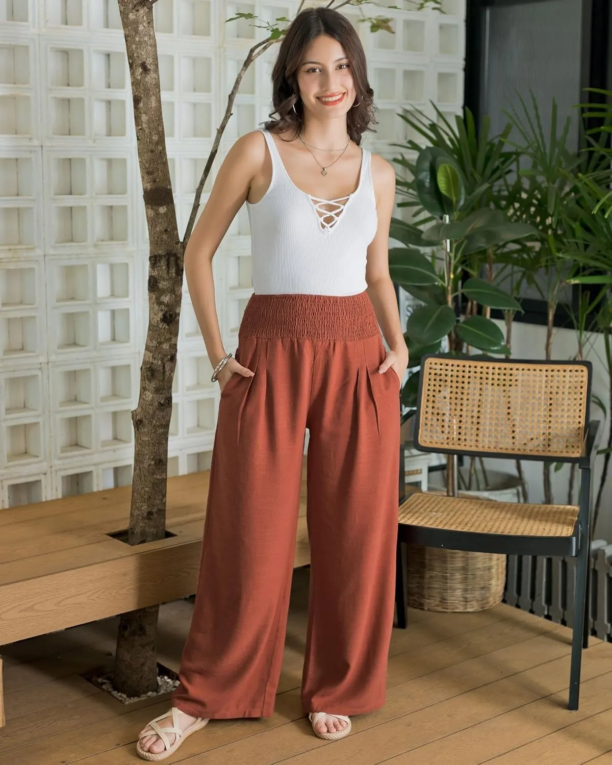 LOFBAZ Women Linen Palazzo Wide Leg Pants Flowy Lounge Casual High Waist Trousers Summer Beach Boho Long Pant with Pockets