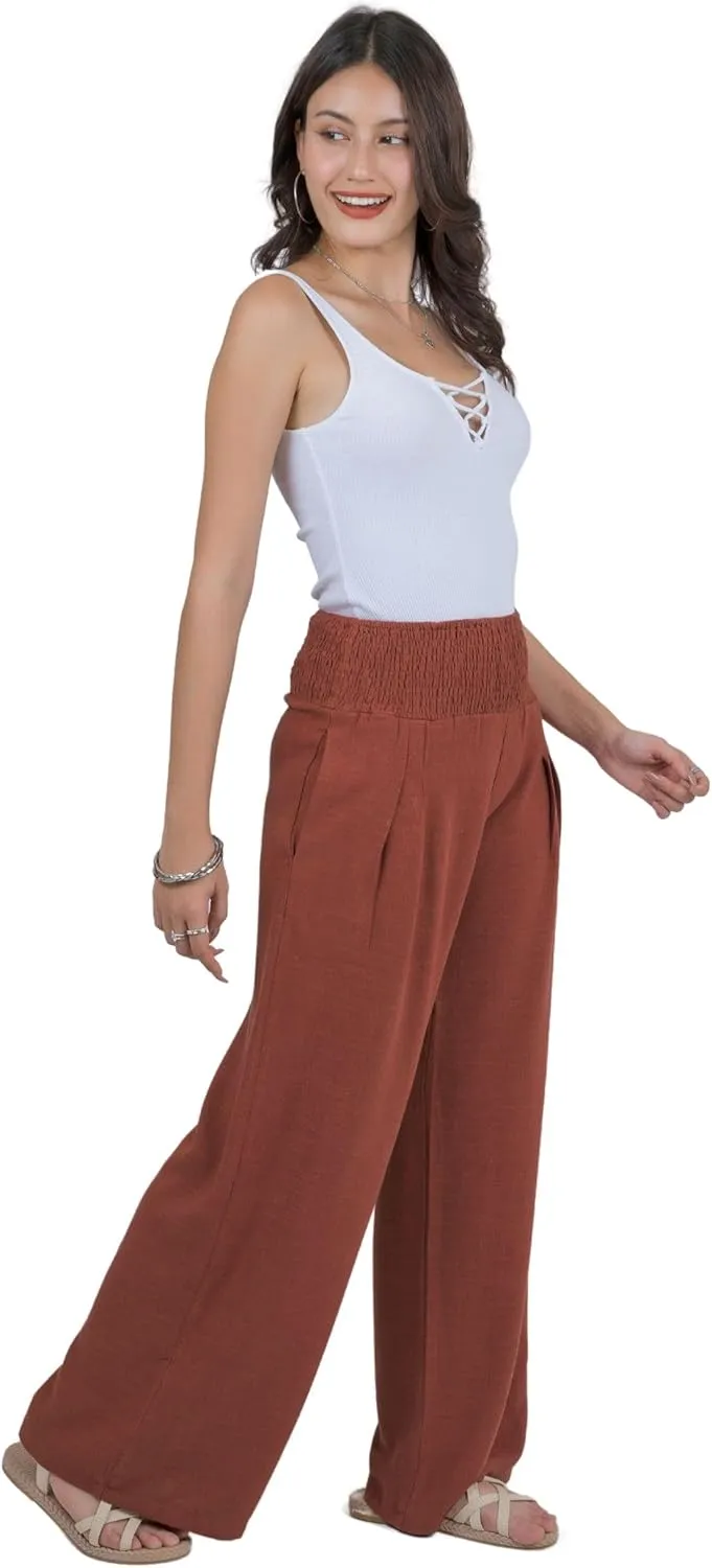 LOFBAZ Women Linen Palazzo Wide Leg Pants Flowy Lounge Casual High Waist Trousers Summer Beach Boho Long Pant with Pockets