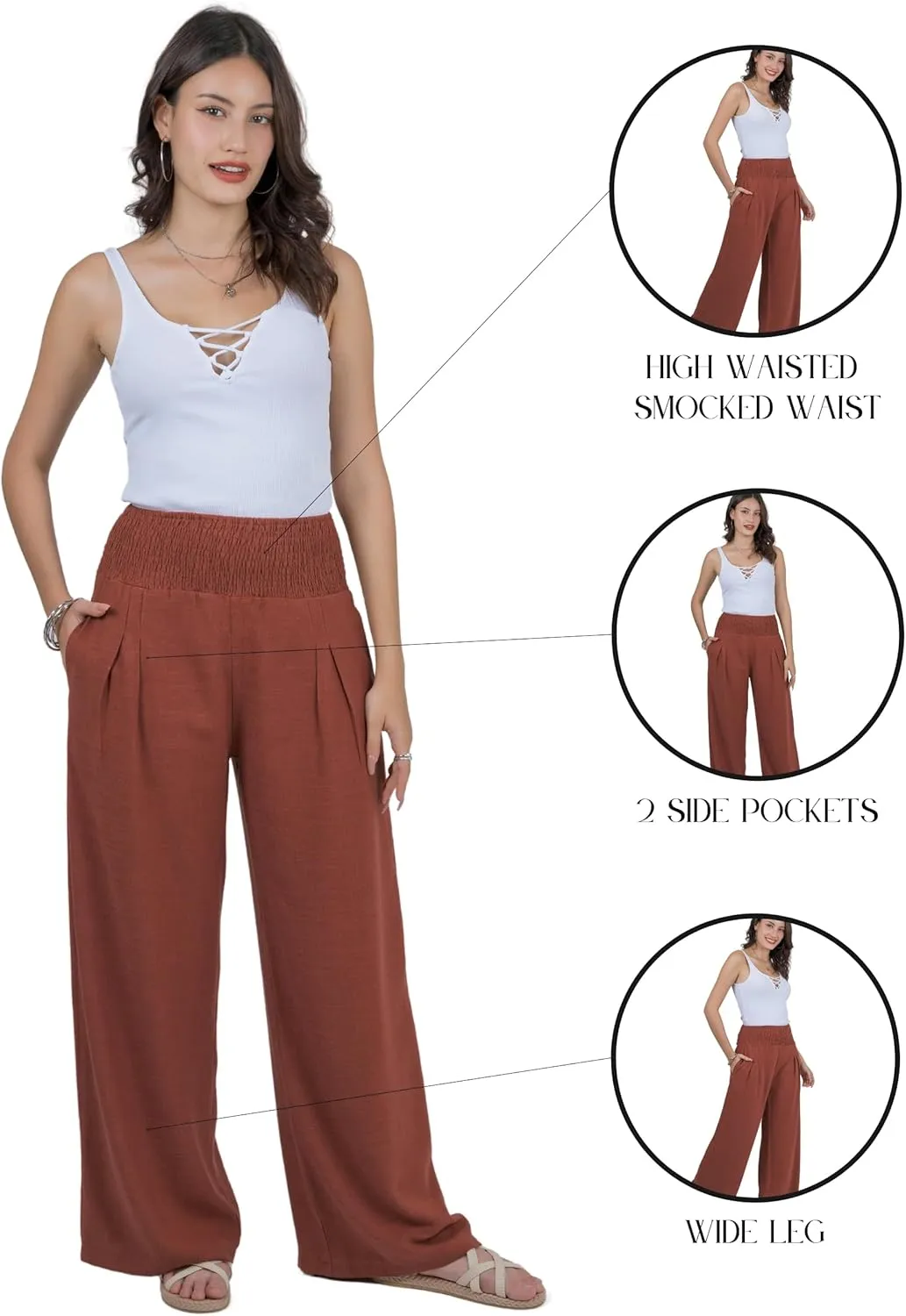 LOFBAZ Women Linen Palazzo Wide Leg Pants Flowy Lounge Casual High Waist Trousers Summer Beach Boho Long Pant with Pockets