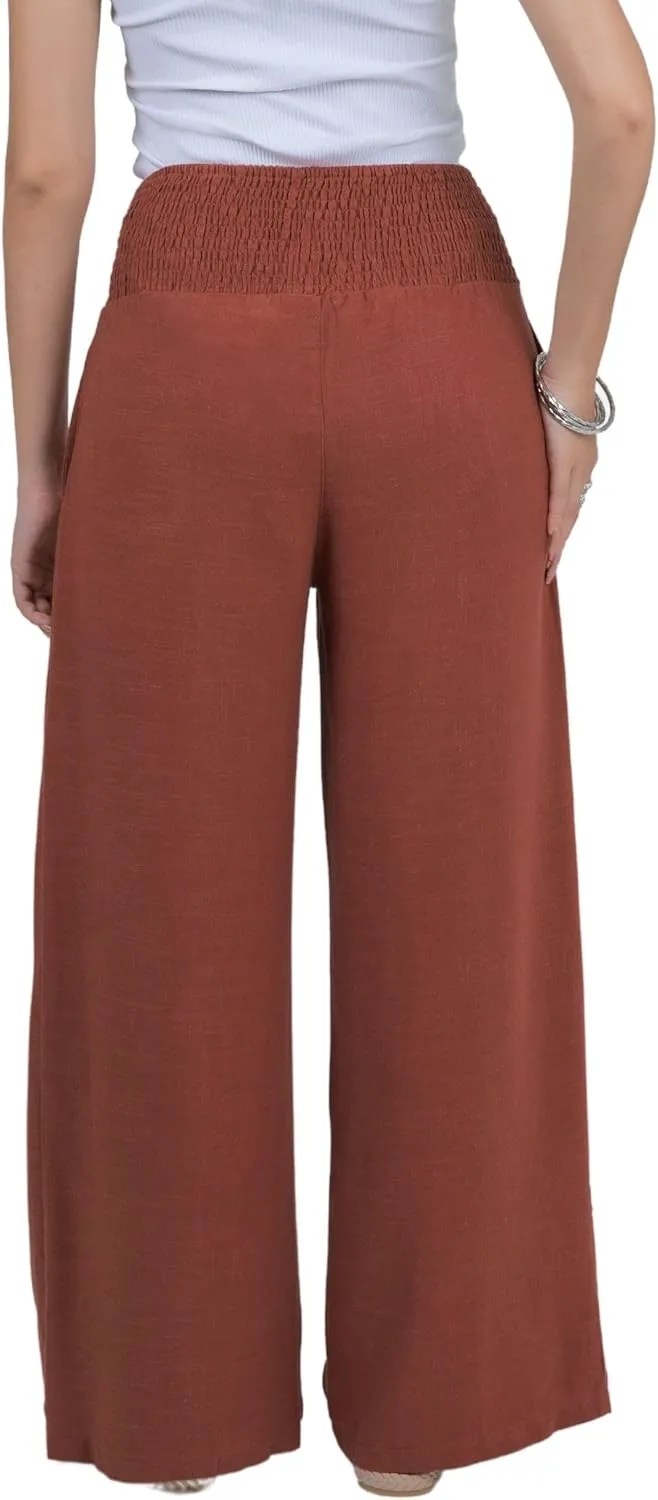 LOFBAZ Women Linen Palazzo Wide Leg Pants Flowy Lounge Casual High Waist Trousers Summer Beach Boho Long Pant with Pockets