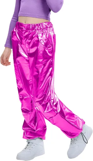 LOLANTA Girls Metallic Jogger Pants, Shiny Jazz Street Hip Hop Dance Pants 7-16, Convertible Leg Opening