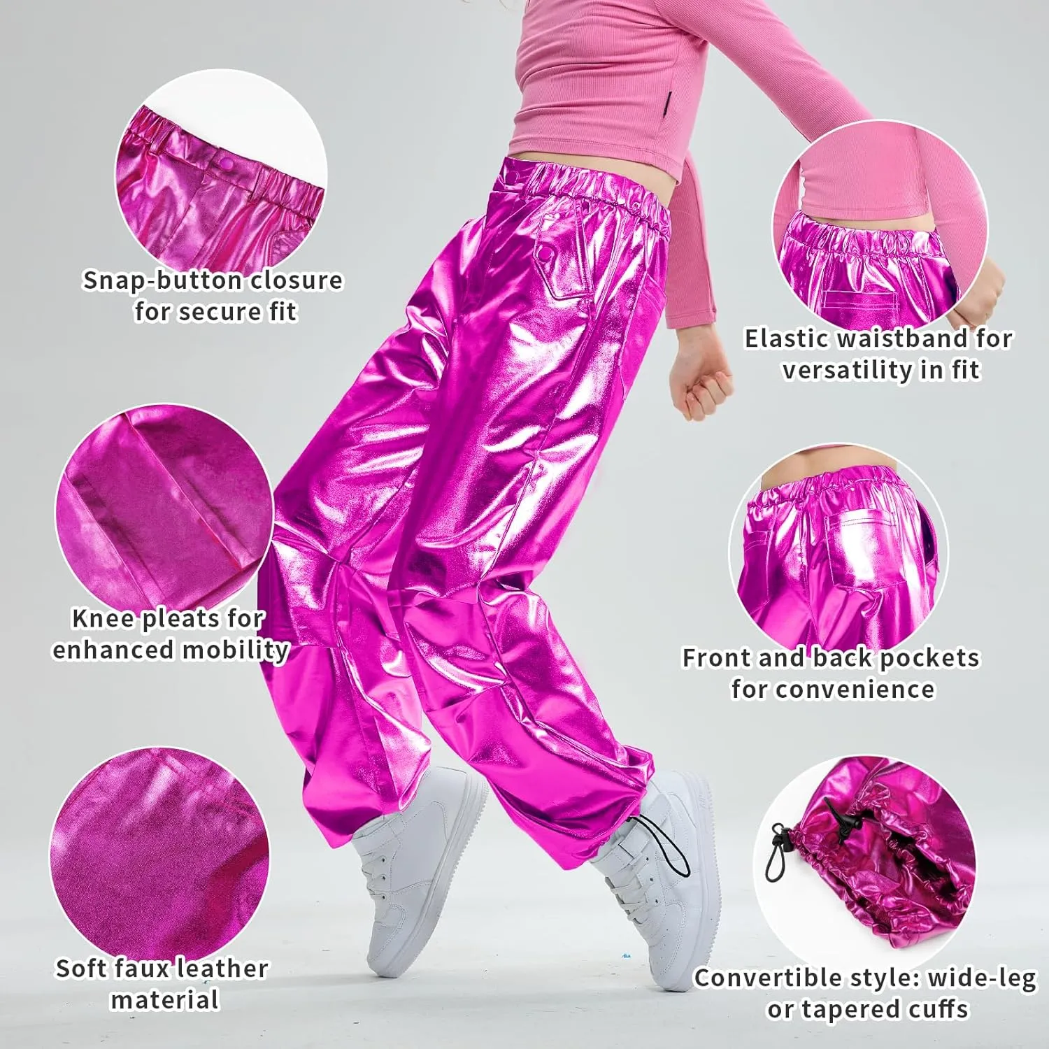 LOLANTA Girls Metallic Jogger Pants, Shiny Jazz Street Hip Hop Dance Pants 7-16, Convertible Leg Opening